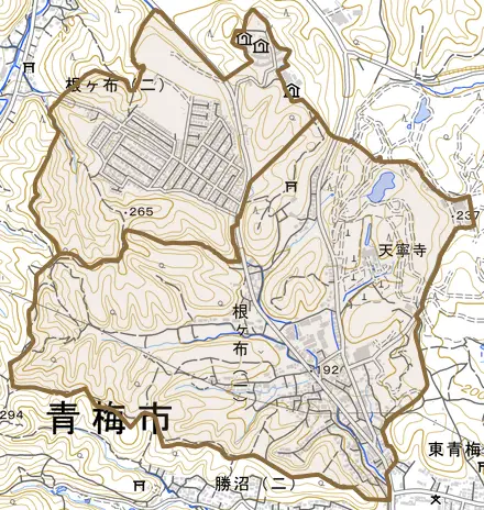 根ヶ布とその周辺の地図。町の範囲を重ねている