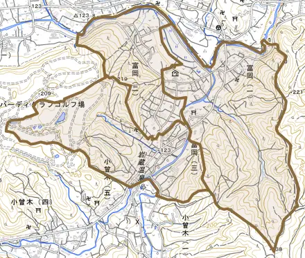 富岡とその周辺の地図。町の範囲を重ねている