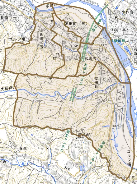 友田町とその周辺の地図。町の範囲を重ねている