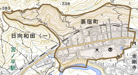 裏宿町とその周辺の地図。町の範囲を重ねている