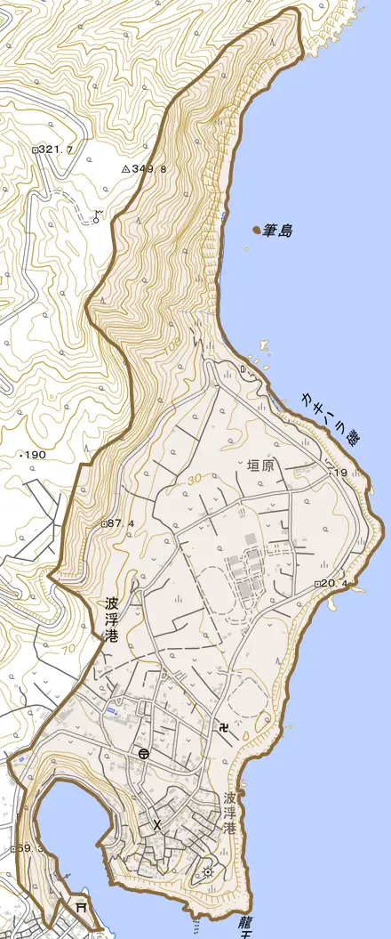 波浮港とその周辺の地図。町の範囲を重ねている