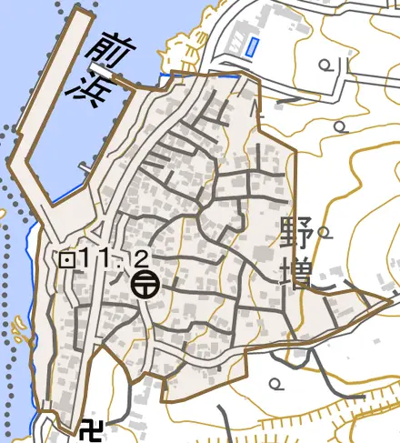 野増とその周辺の地図。町の範囲を重ねている
