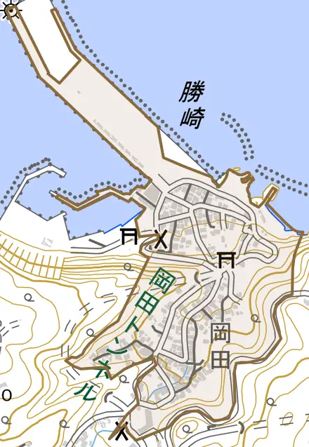 岡田とその周辺の地図。町の範囲を重ねている