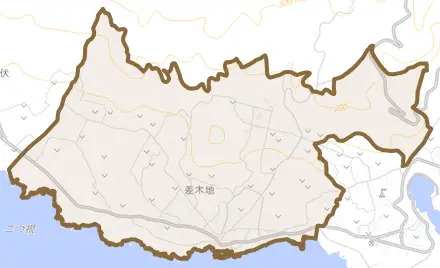 差木地とその周辺の地図。町の範囲を重ねている