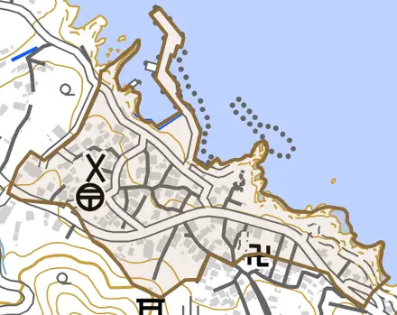 泉津とその周辺の地図。町の範囲を重ねている