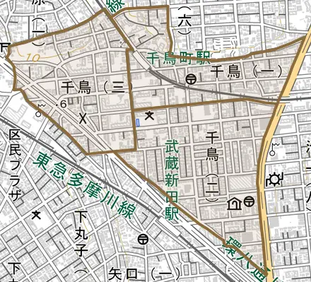 千鳥とその周辺の地図。町の範囲を重ねている