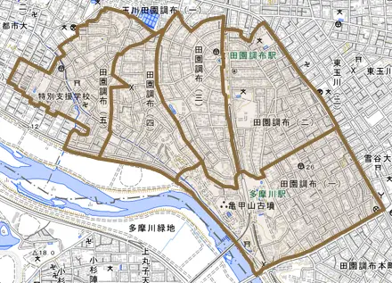 田園調布とその周辺の地図。町の範囲を重ねている