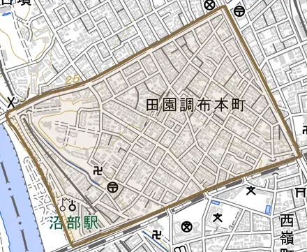 田園調布本町とその周辺の地図。町の範囲を重ねている