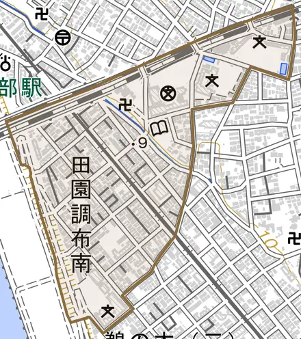 田園調布南とその周辺の地図。町の範囲を重ねている