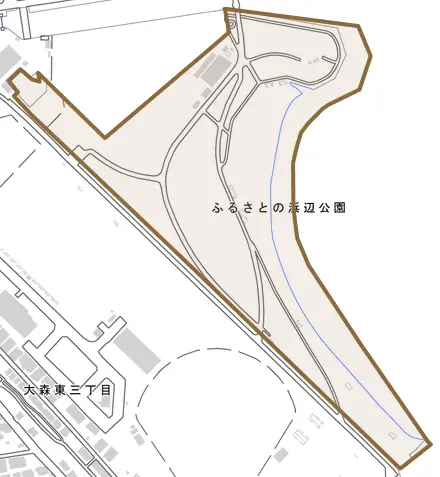ふるさとの浜辺公園とその周辺の地図。町の範囲を重ねている