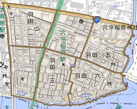 羽田とその周辺の地図。町の範囲を重ねている