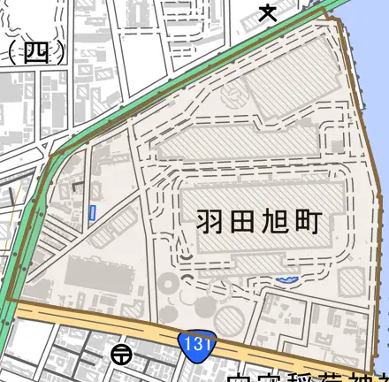 羽田旭町とその周辺の地図。町の範囲を重ねている