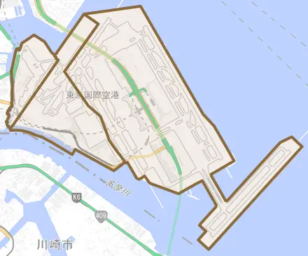 羽田空港とその周辺の地図。町の範囲を重ねている
