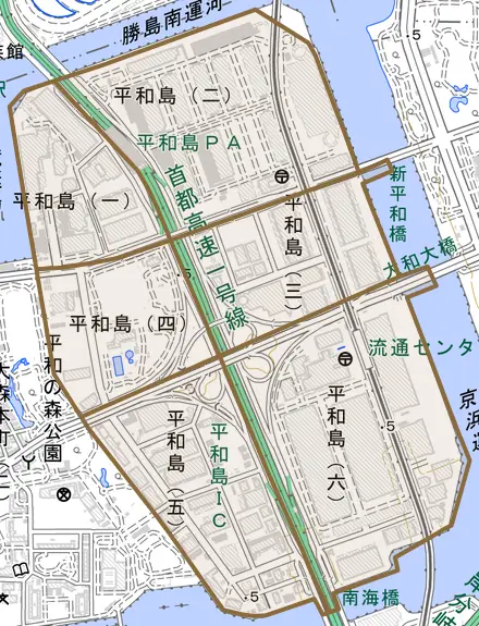 平和島とその周辺の地図。町の範囲を重ねている