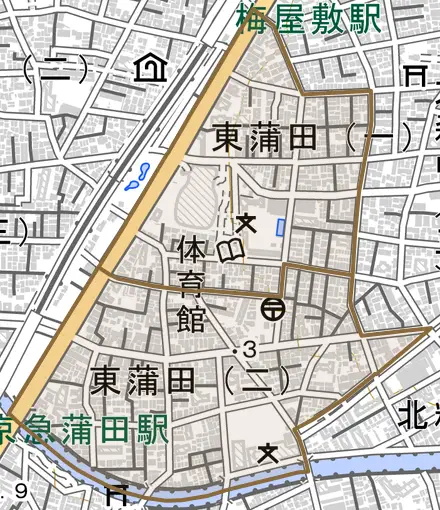 東蒲田とその周辺の地図。町の範囲を重ねている