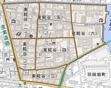東糀谷とその周辺の地図。町の範囲を重ねている