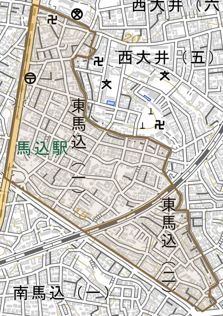 東馬込とその周辺の地図。町の範囲を重ねている