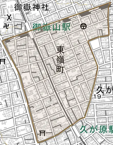 東嶺町とその周辺の地図。町の範囲を重ねている