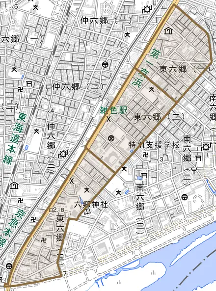 東六郷とその周辺の地図。町の範囲を重ねている