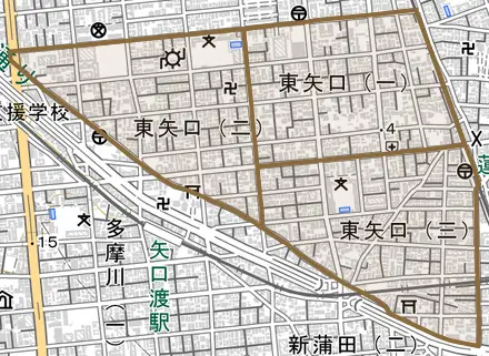 東矢口とその周辺の地図。町の範囲を重ねている