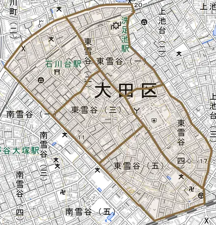 東雪谷とその周辺の地図。町の範囲を重ねている