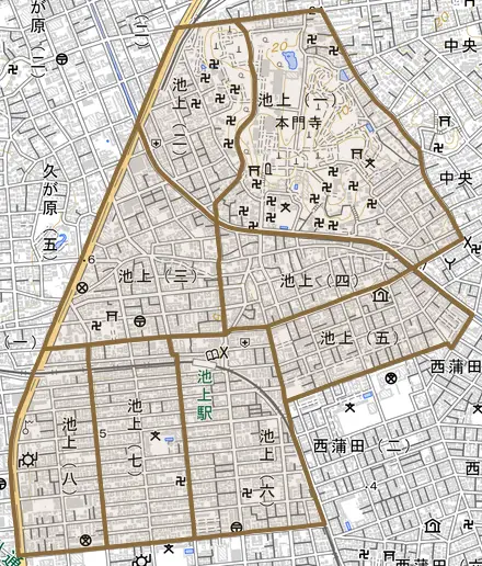 池上とその周辺の地図。町の範囲を重ねている