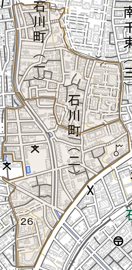 石川町とその周辺の地図。町の範囲を重ねている