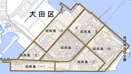 城南島とその周辺の地図。町の範囲を重ねている