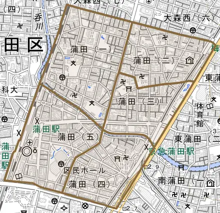 蒲田とその周辺の地図。町の範囲を重ねている