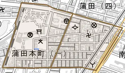 蒲田本町とその周辺の地図。町の範囲を重ねている