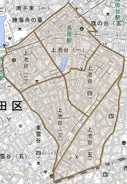 上池台とその周辺の地図。町の範囲を重ねている