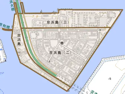 京浜島とその周辺の地図。町の範囲を重ねている
