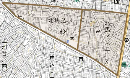 北馬込とその周辺の地図。町の範囲を重ねている