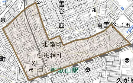 北嶺町とその周辺の地図。町の範囲を重ねている