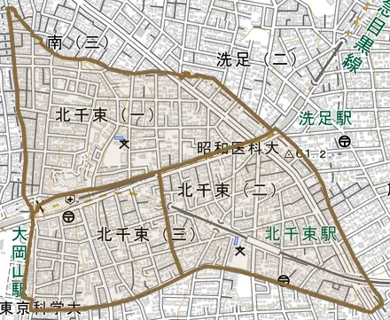 北千束とその周辺の地図。町の範囲を重ねている