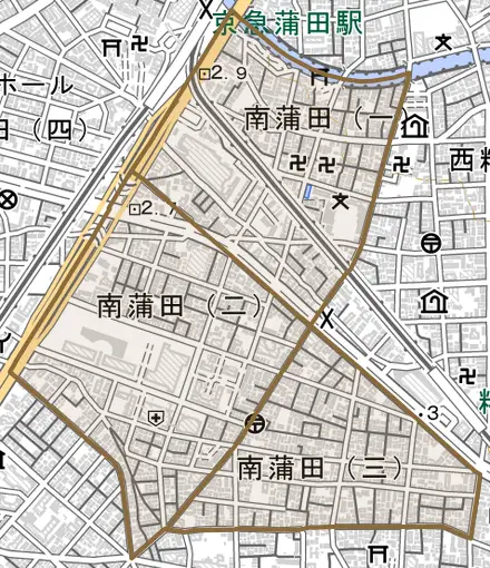 南蒲田とその周辺の地図。町の範囲を重ねている