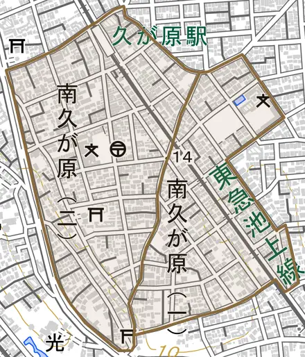 南久が原とその周辺の地図。町の範囲を重ねている