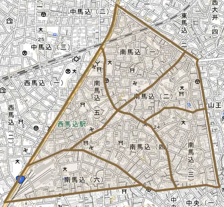 南馬込とその周辺の地図。町の範囲を重ねている