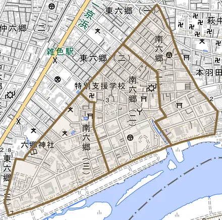 南六郷とその周辺の地図。町の範囲を重ねている