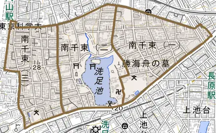 南千束とその周辺の地図。町の範囲を重ねている