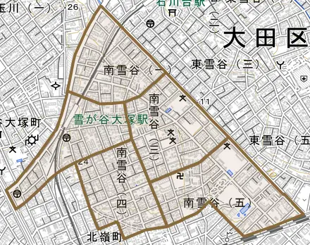 南雪谷とその周辺の地図。町の範囲を重ねている