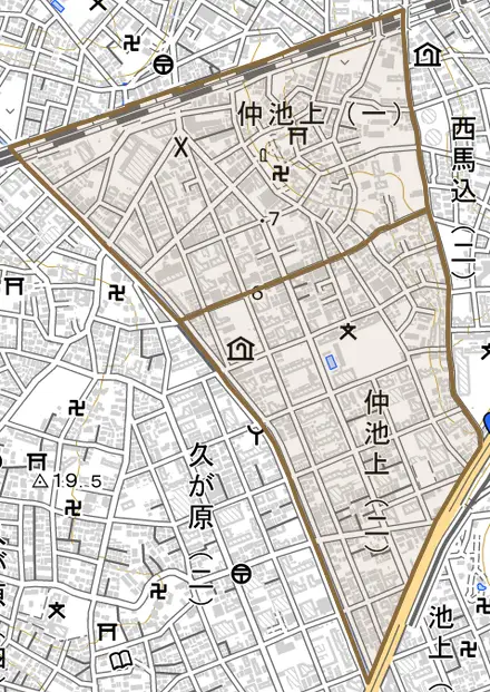 仲池上とその周辺の地図。町の範囲を重ねている
