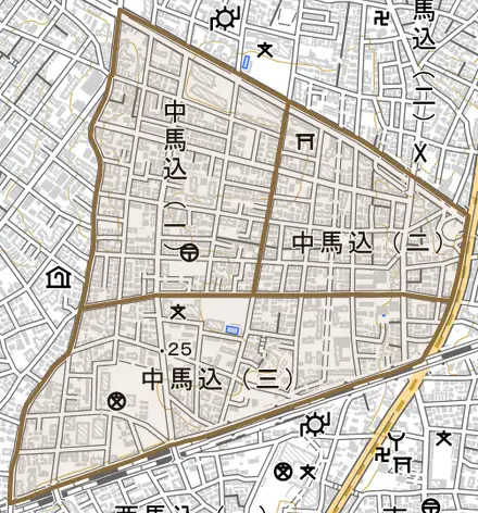 中馬込とその周辺の地図。町の範囲を重ねている