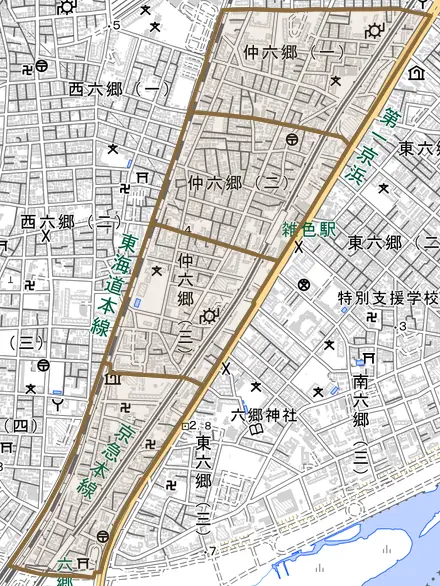 仲六郷とその周辺の地図。町の範囲を重ねている