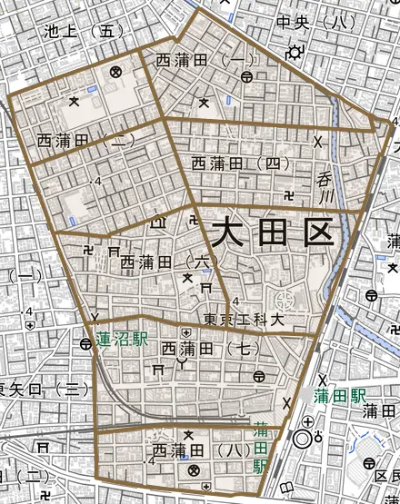 西蒲田とその周辺の地図。町の範囲を重ねている