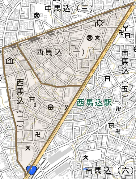 西馬込とその周辺の地図。町の範囲を重ねている