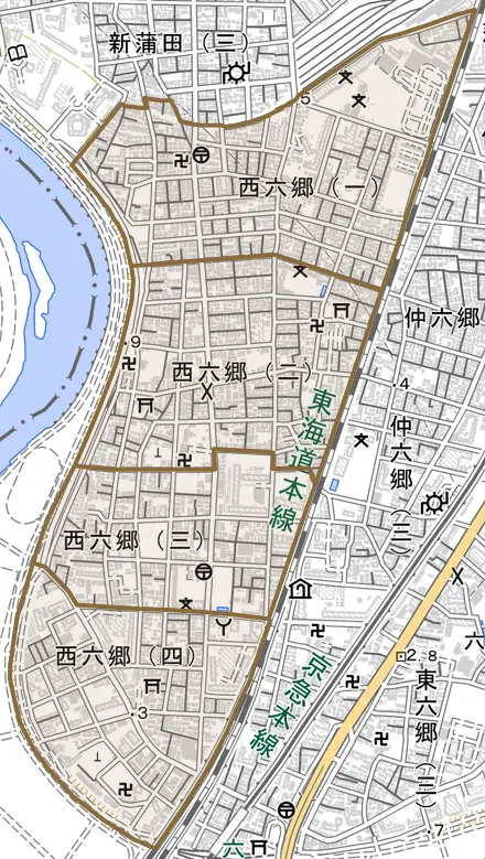 西六郷とその周辺の地図。町の範囲を重ねている