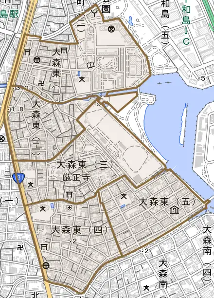 大森東とその周辺の地図。町の範囲を重ねている