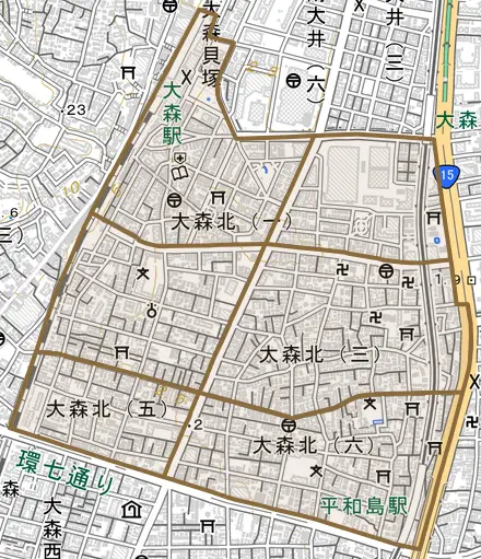 大森北とその周辺の地図。町の範囲を重ねている