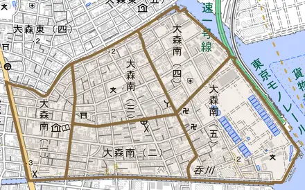 大森南とその周辺の地図。町の範囲を重ねている